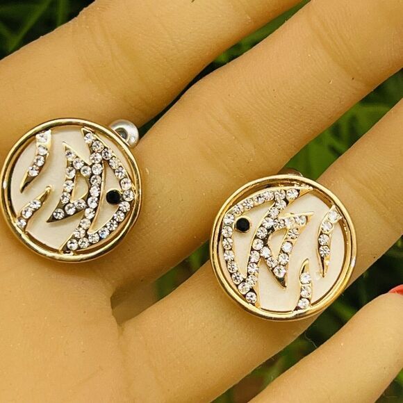 Vintage Fish Gold Clear Black Rhinestone Unique Fancy Earrings MOP NWOT Y2k 1188 - Picture 2 of 7